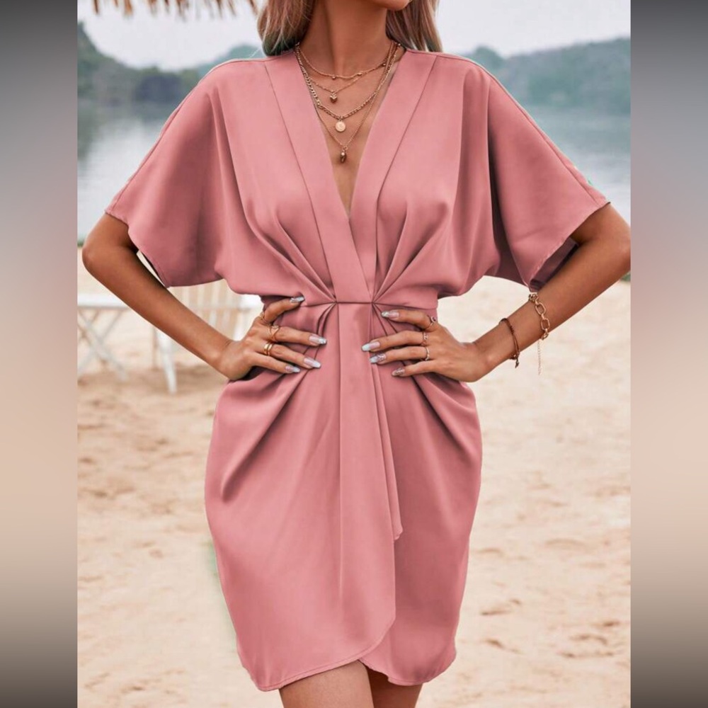 Boho pink batwing sleeve twist front dress - Picture 5 of 6